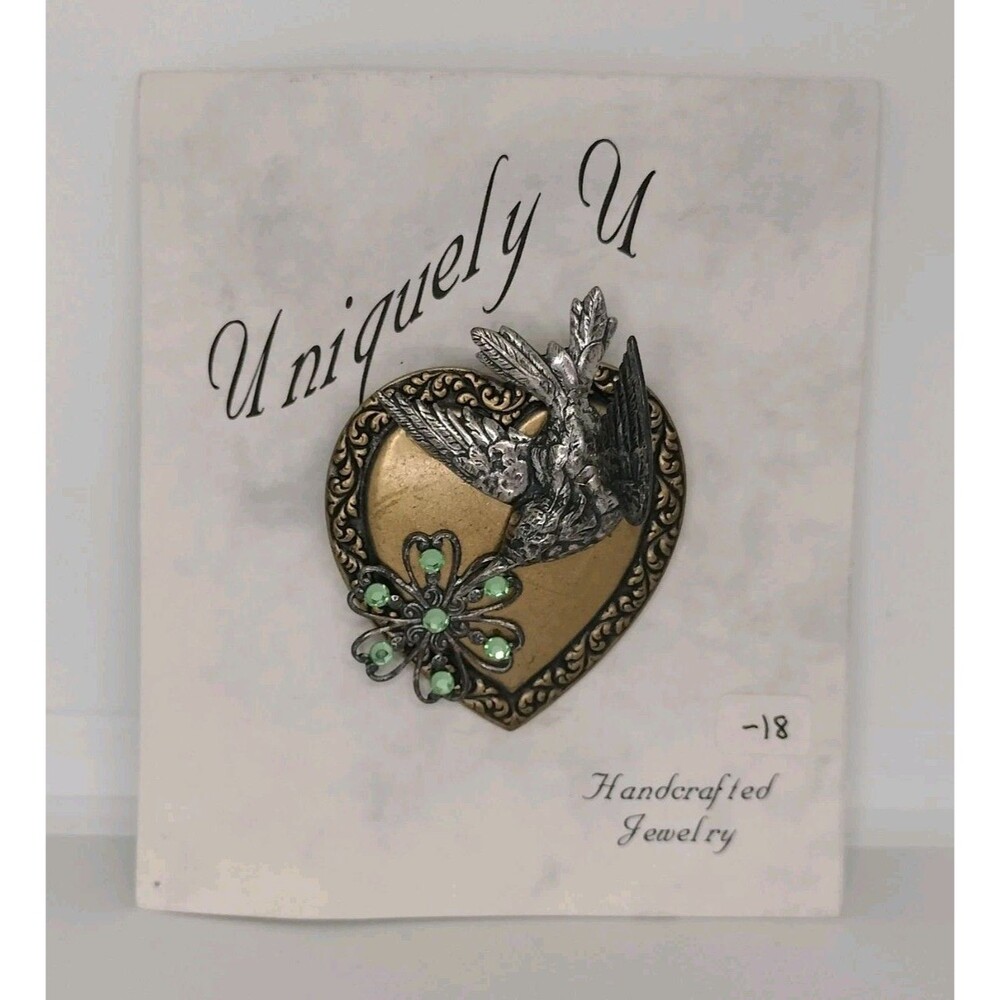 Handcrafted Vintage Style Heart Brooch Bird Green Gem Accents SC Jewelry Copper